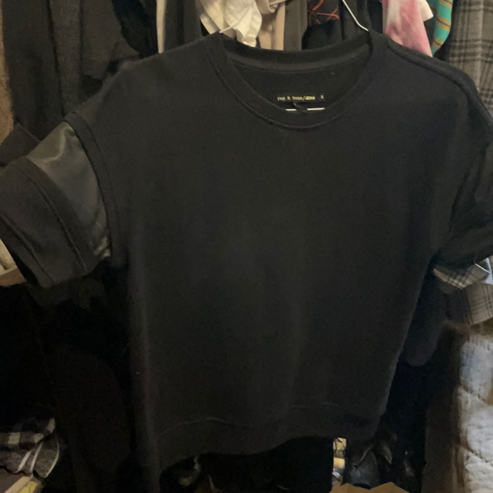 Rag & Bone black sweatshirt top short sleeve with leather detail on sleeve
